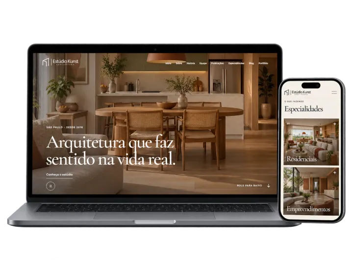 Exemplo de site para arquitetos apresentado em computador e celular