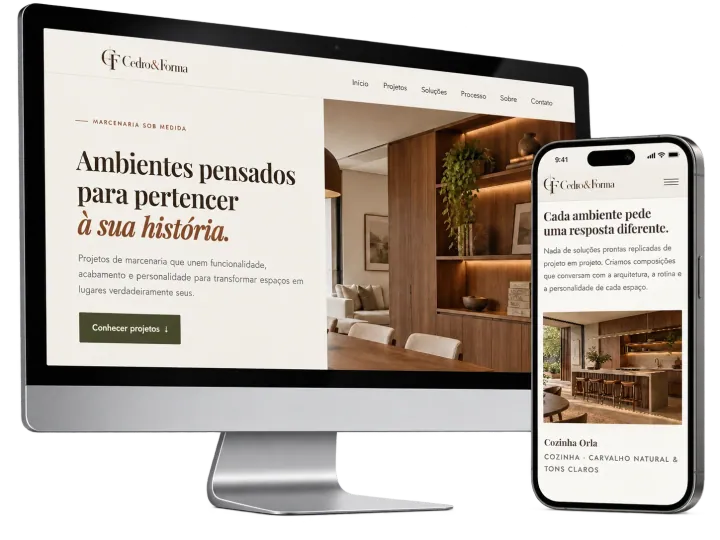 Exemplo de site para marcenarias apresentado em computador e celular