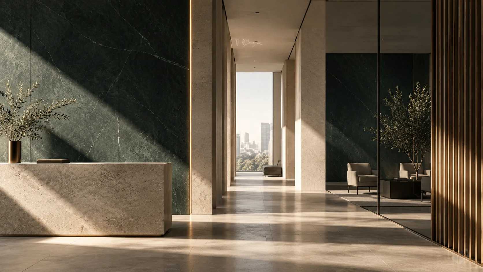 Corredor institucional contemporâneo em mármore verde, travertino e luz natural