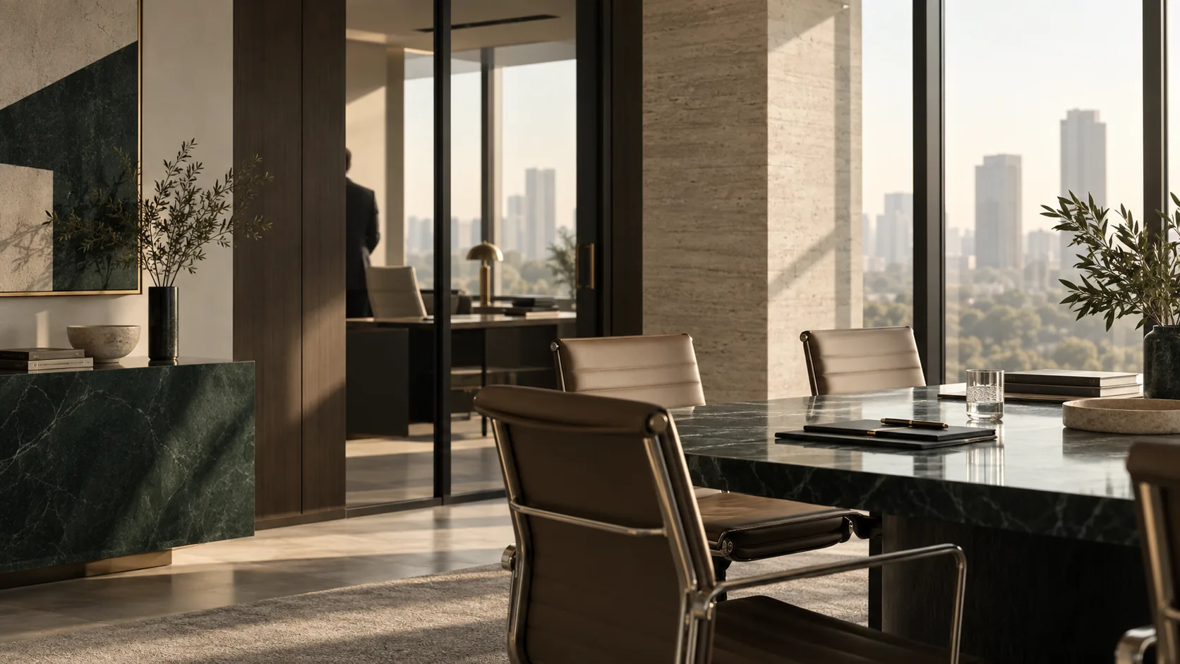 Sala de reuniões contemporânea com mesa em mármore verde, poltronas em couro e vista panorâmica da cidade