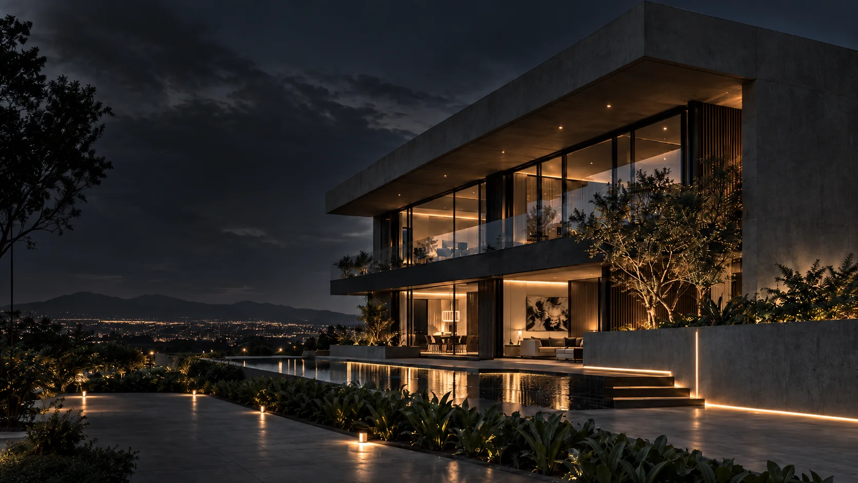 Residência contemporânea à noite, com piscina e vista para a cidade