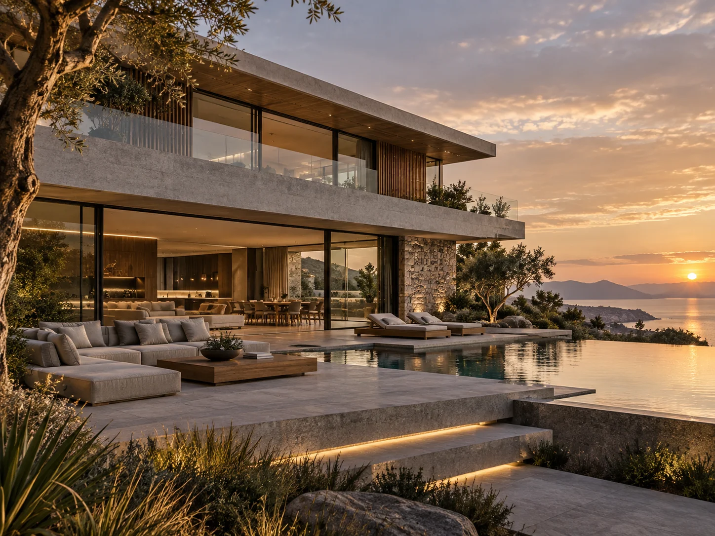 Casa Horizonte, área externa com piscina e vista para o mar ao entardecer