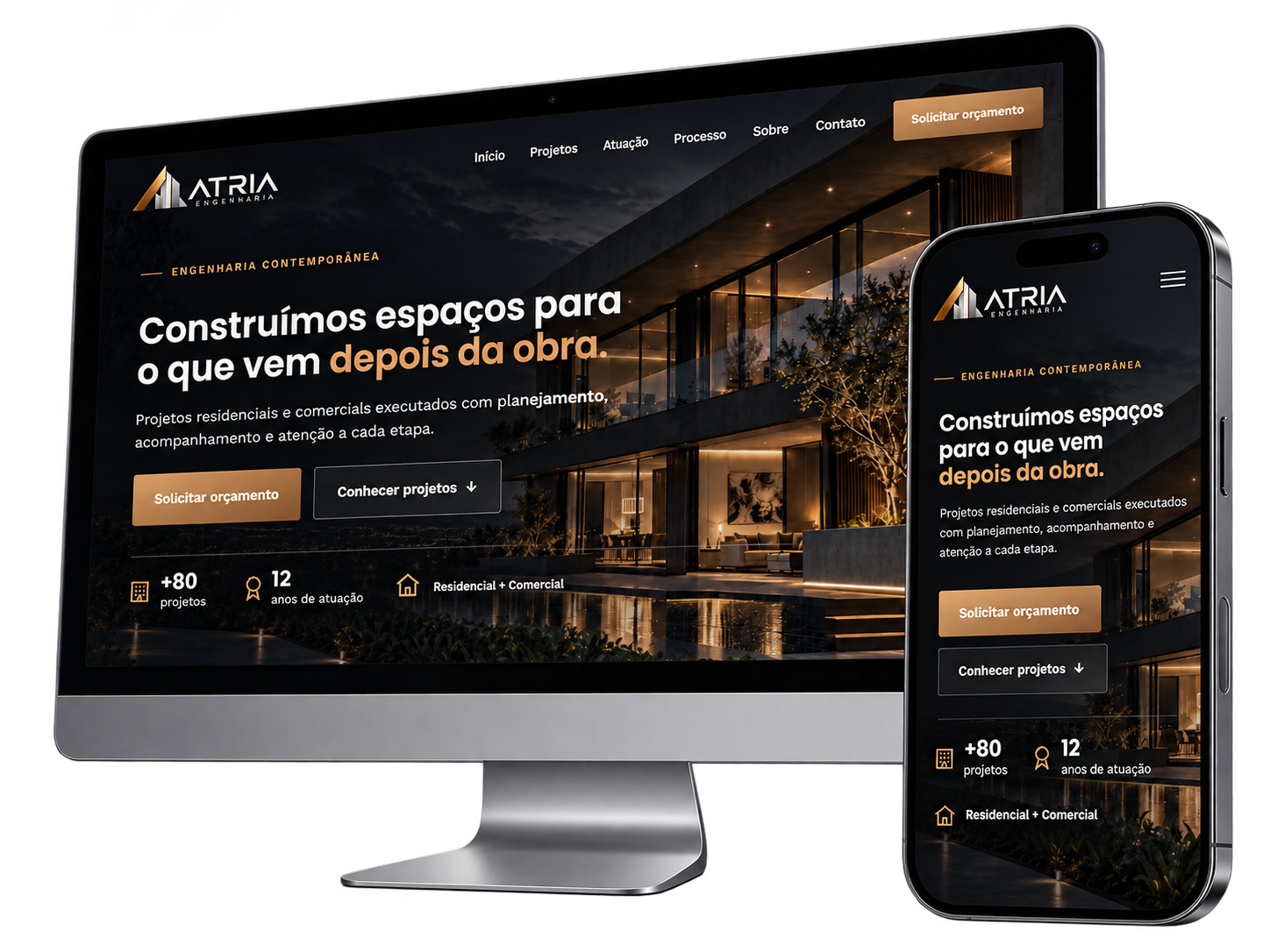 Apresentação visual do site Átria Engenharia em computador e celular