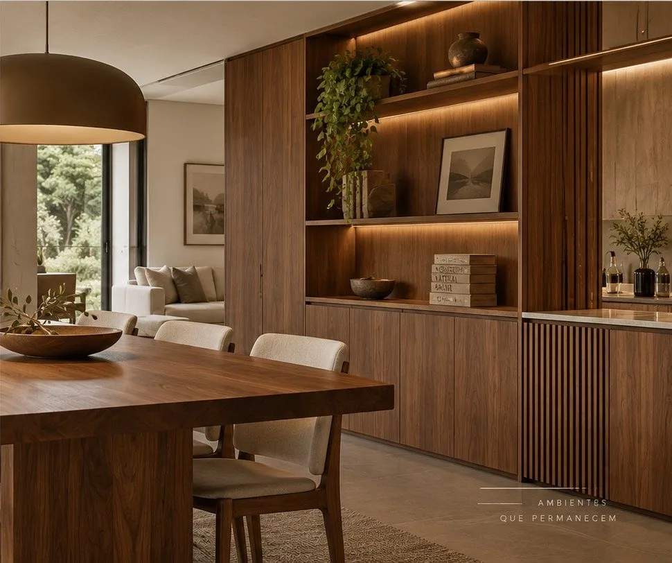 Sala de jantar com marcenaria planejada em madeira, estante iluminada e mesa de jantar em madeira maciça