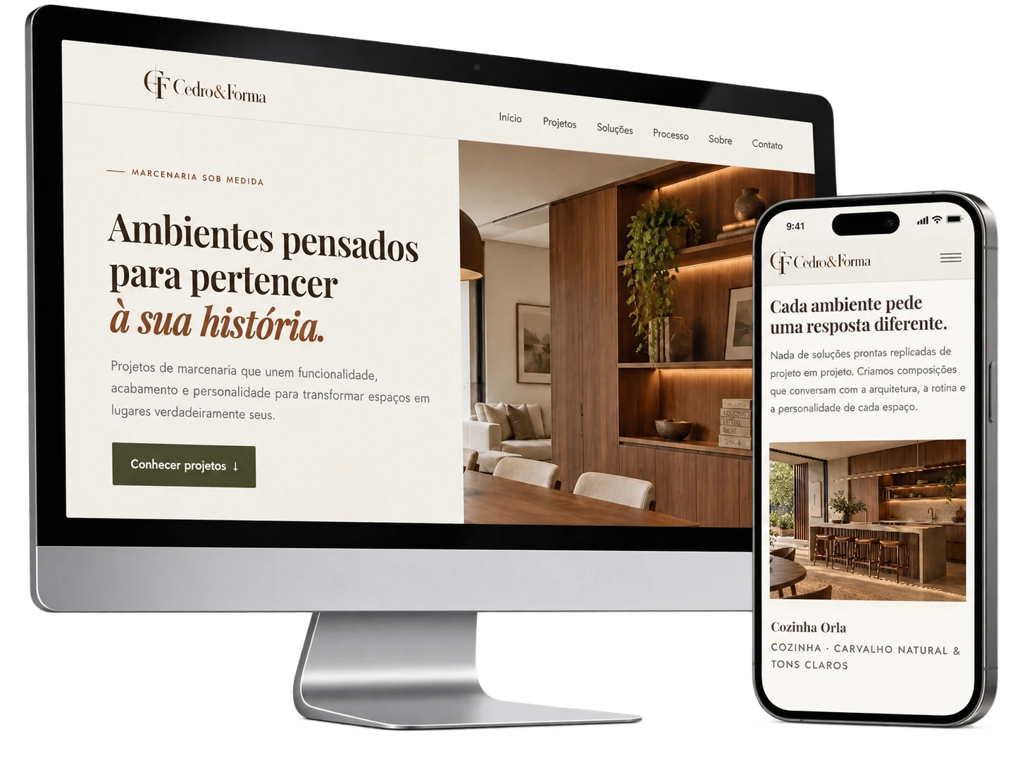 Apresentação visual do site Cedro e Forma em computador e celular