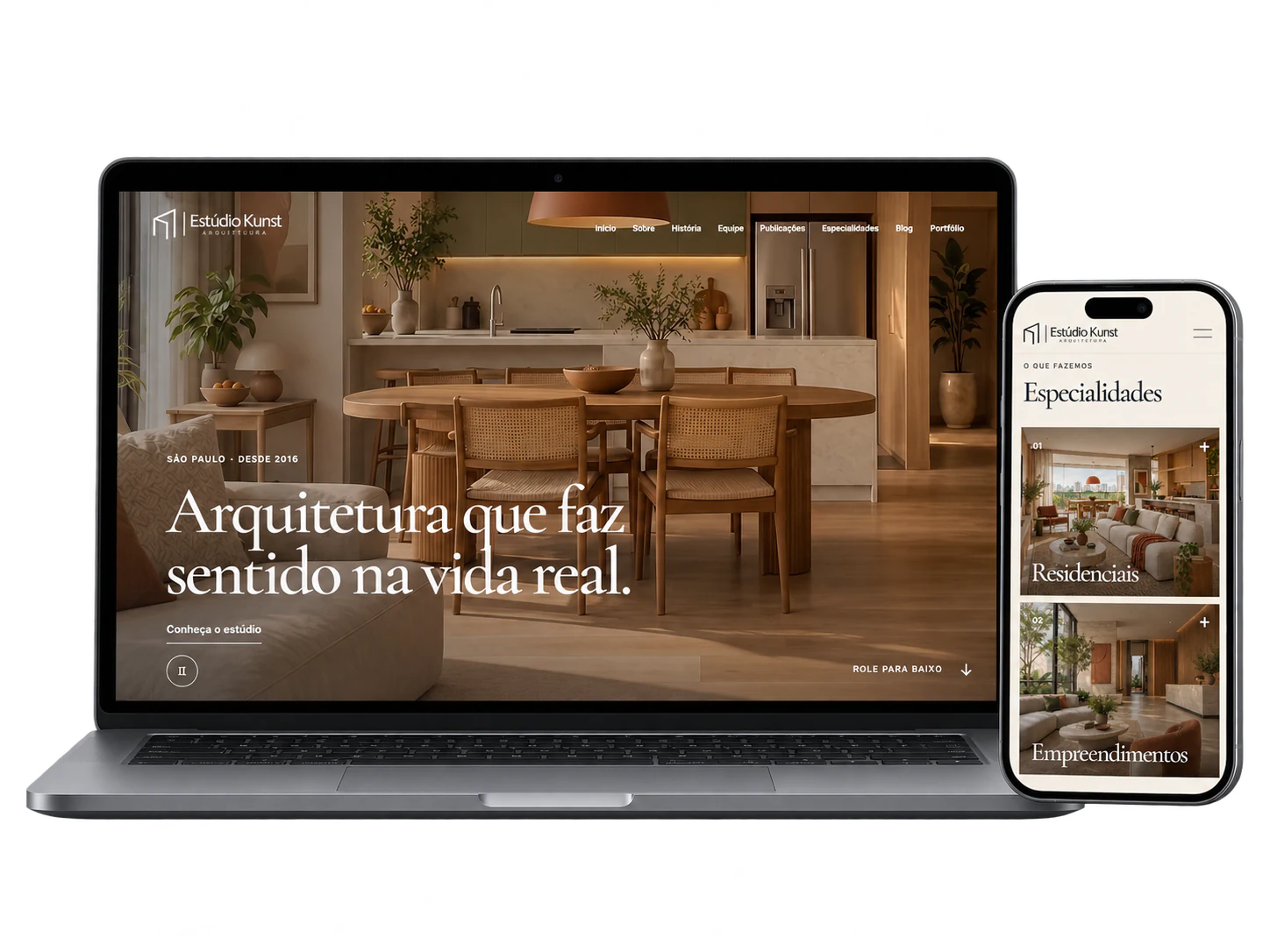 Site de arquitetura Estúdio Kunst apresentado em computador e celular