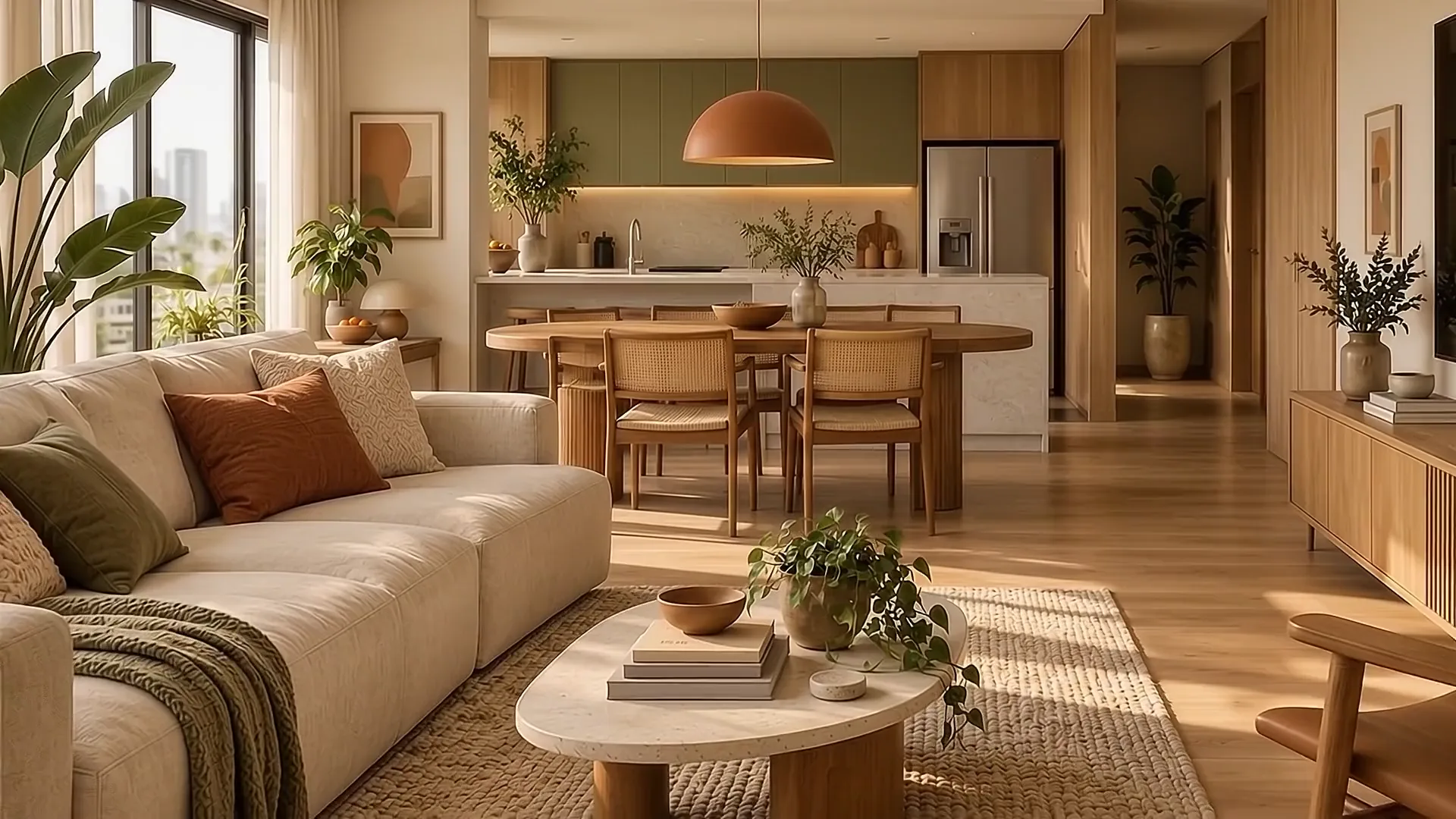 Sala e cozinha contemporâneas em tons naturais