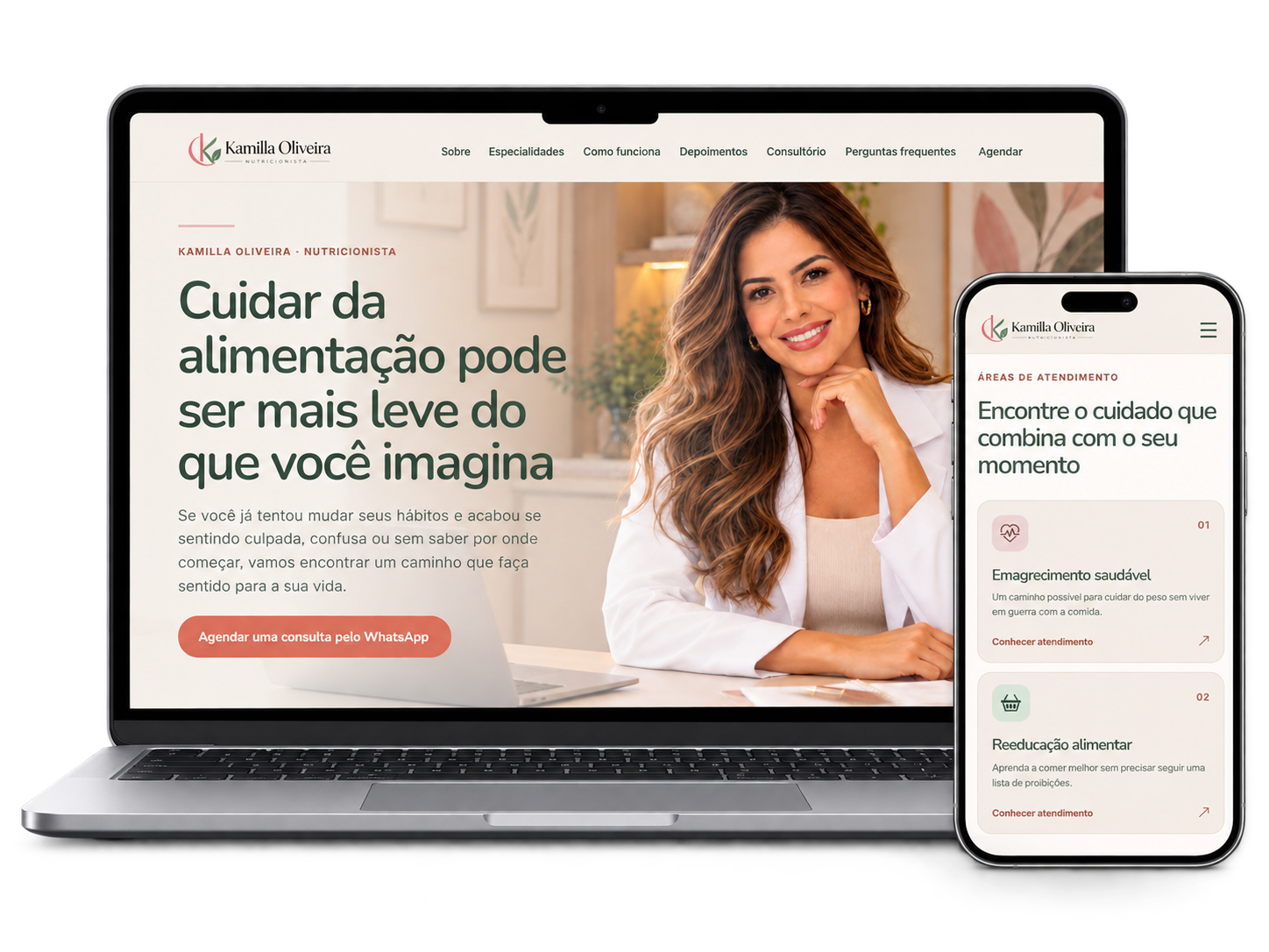 Apresentação do site Kamilla Oliveira Nutricionista em computador e celular
