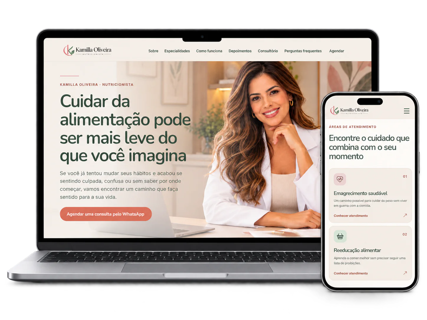 Site de nutrição apresentado em computador e celular